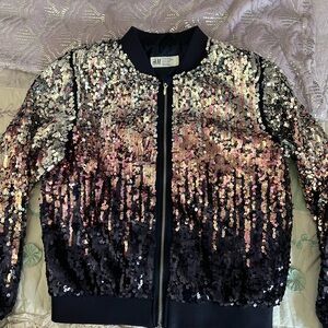 H&M navy blue and Gold Bomber Jacket with Sequin Gradient